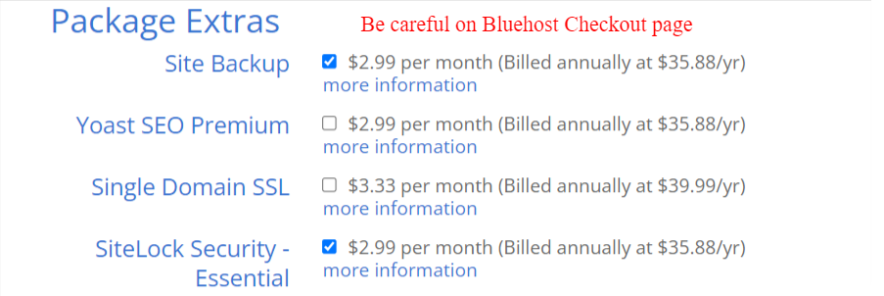 be careful of bluehost hidden costs at a checkout page