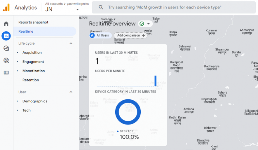 google analytics verification via real-time tab