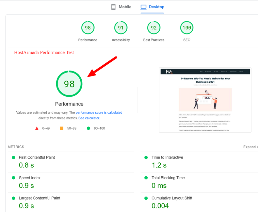 HostArmada google pagespeed insights score