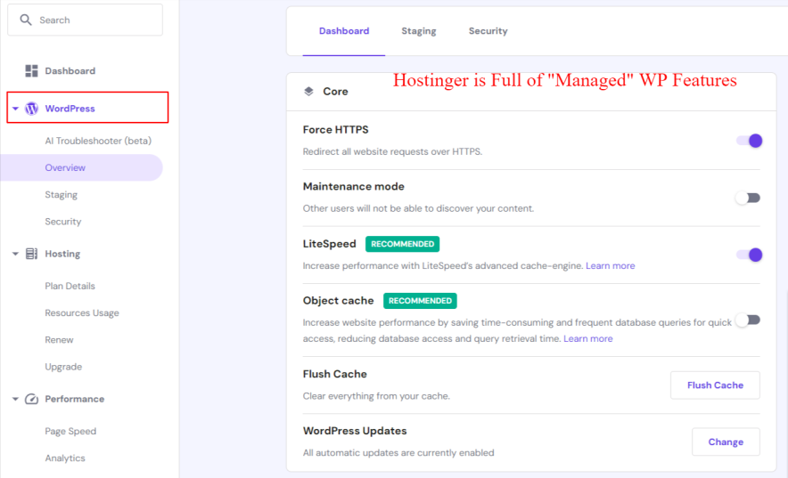 hostinger managed wordpress features