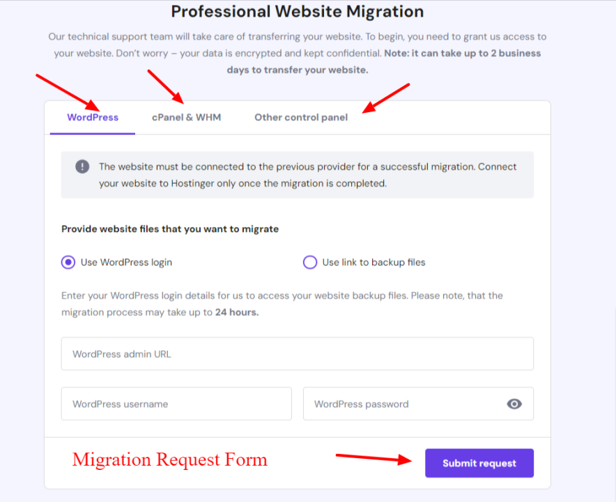 hostinger migration request form
