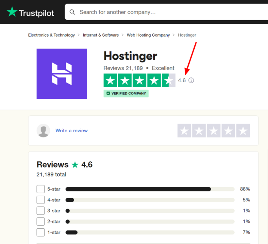 hostinger ratings on trustpilot