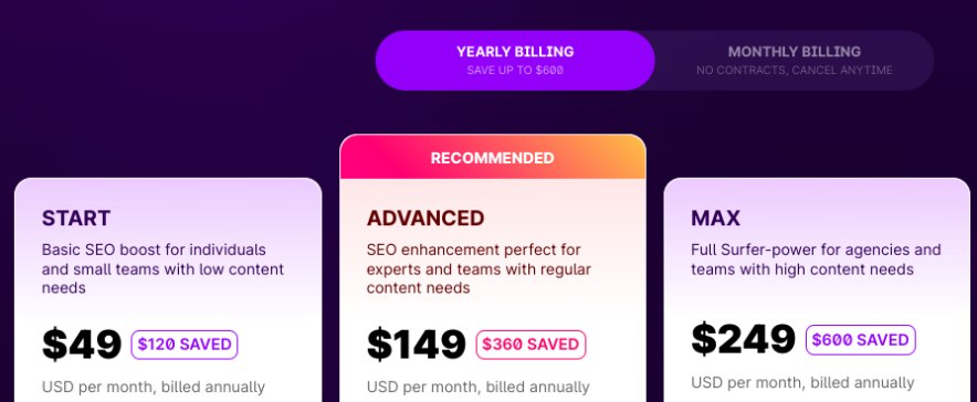 surfer seo annual plan pricing