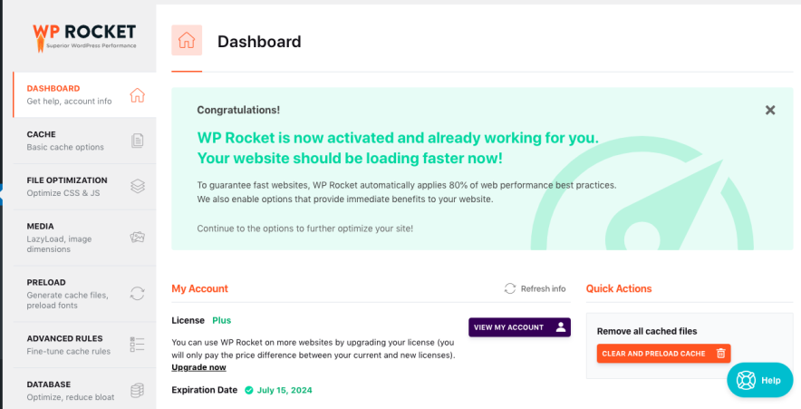 WP Rocket dashboard