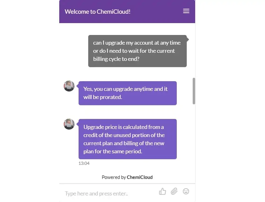 chemicloud chat support snapshot