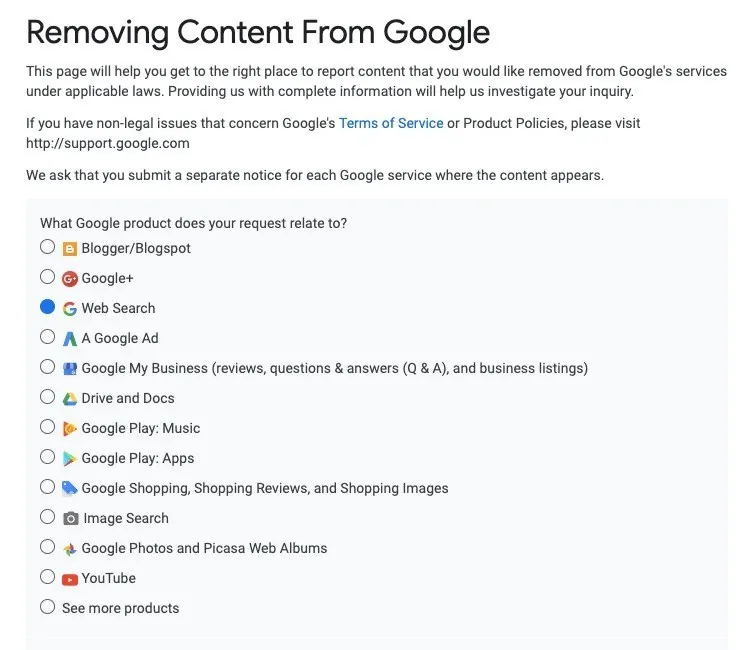 google remove content