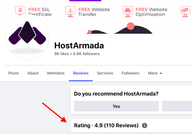 HostArmada Customer ratings On Facebook
