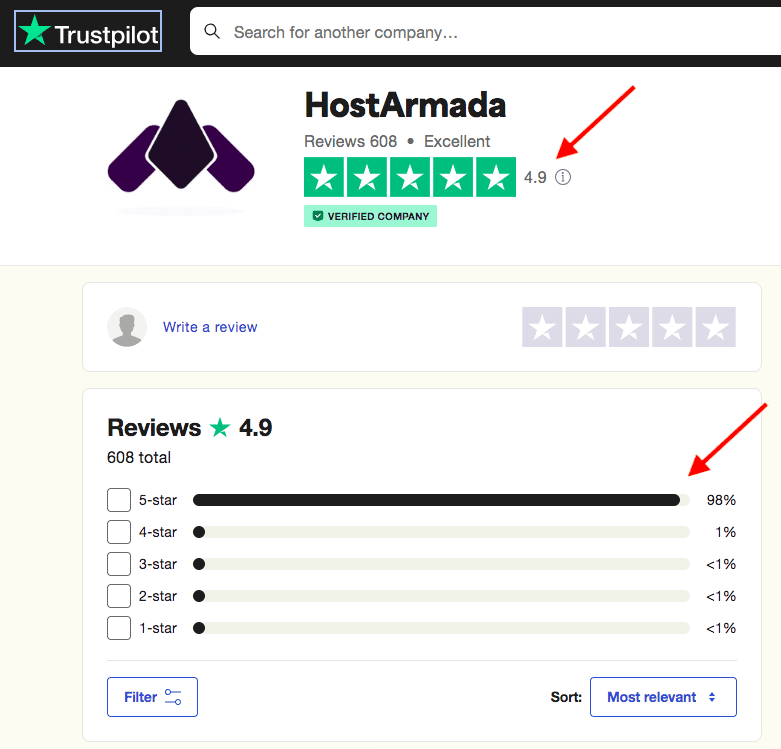 HostArmada Customer ratings on trustpilot