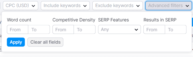 semrush keyword research tool advanced filters