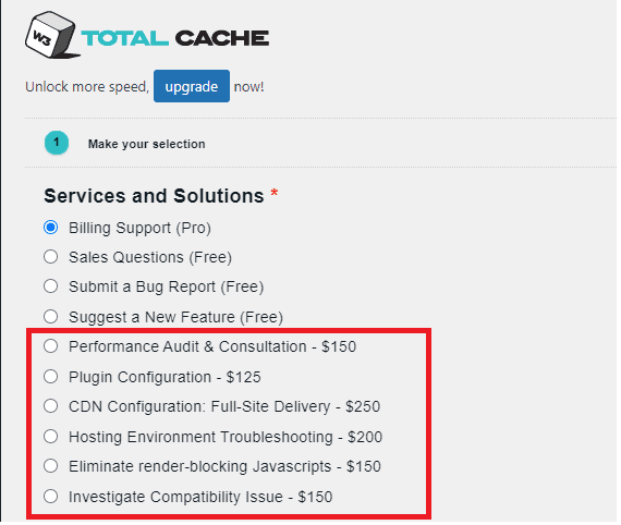 w3 total cache support options with pricing